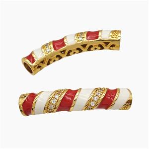 Copper Tube Beads Pave Zirconia White Red Enamel Large Hole Curving Gold Plated, approx 7-38mm, 5mm hole