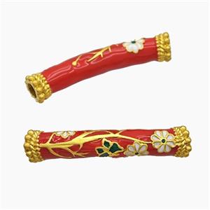 Copper Tube Beads Red Enamel Large Hole Flower Curving Gold Plated, approx 8-42mm, 4mm hole