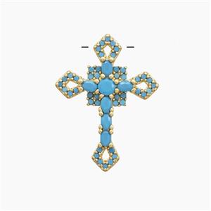 Copper Cross Pendant Pave Turqblue Zirconia Gold Plated, approx 19-25mm