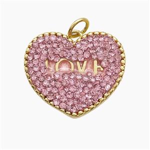 Copper Heart Pendant Pave Pink Zirconia LOVE Gold Plated, approx 17-20mm