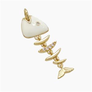 Copper Fishbone Pendant Pave Zirconia White Enamel Gold Plated, approx 8-27mm