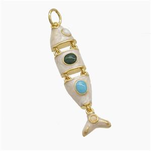 Copper Fish Pendant Pave Gemsone White Enamel Gold Plated, approx 8-30mm
