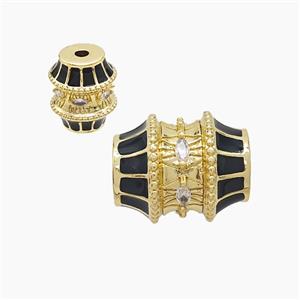 Copper Barrel Beads Pave Zirconia Black Enamel Gold Plated, approx 16-19mm