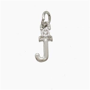 Copper Letter-J Pendant Pave Zirconia Platinum Plated, approx 6-10mm