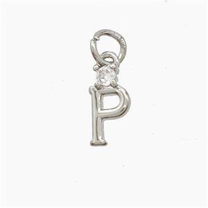 Copper Letter-P Pendant Pave Zirconia Platinum Plated, approx 6-10mm