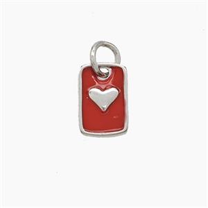 Copper Rectangle Heart Pendant Red Enamel Platinum Plated, approx 6.5-9.5mm