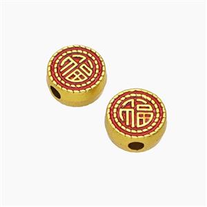 Copper Button Beads With Chinese Lucky Words Fu Red Painted Gold Plated, approx 10.5mm