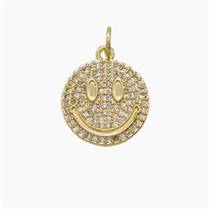 Copper Emoji Pendant Pave Zirconia Smileface 18K Gold Plated, approx 15mm