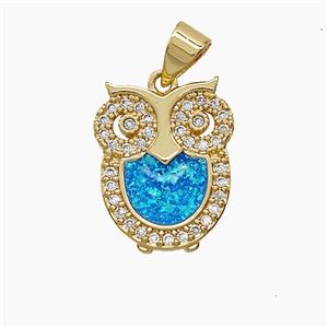 Copper Owl Pendant Pave Zirconia Fireopal 18K Gold Plated, approx 13-16mm