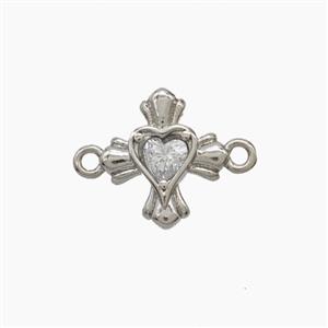 Copper Cross Heart Connector Pave Zirconia Platinum Plated, approx 11-12mm
