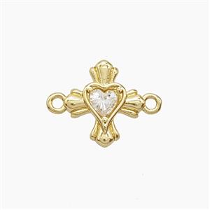 Copper Cross Heart Connector Pave Zirconia Gold Plated, approx 11-12mm
