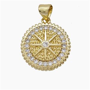 Copper Compass Pendant Pave Zirconia Gold Plated, approx 17mm