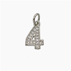 Copper Number-4 Pendant Pave Zirconia Four Platinum Plated, approx 4-10mm