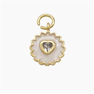 Copper Heart Flower Pendant Pave Zirconia White Enamel Gold Plated, approx 10mm
