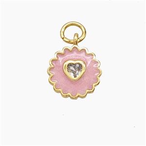 Copper Heart Flower Pendant Pave Zirconia Pink Enamel Gold Plated, approx 10mm
