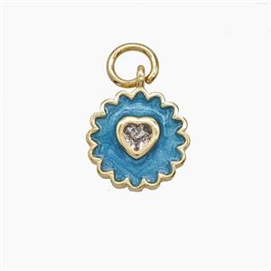 Copper Heart Flower Pendant Pave Zirconia Teal Enamel Gold Plated, approx 10mm