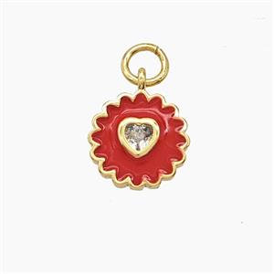 Copper Heart Flower Pendant Pave Zirconia Red Enamel Gold Plated, approx 10mm