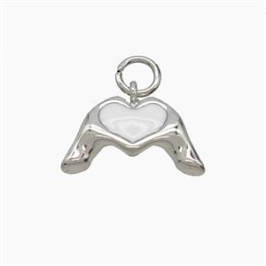 Copper Hand Heart Pendant White Enamel Platinum Plated, approx 9-15mm