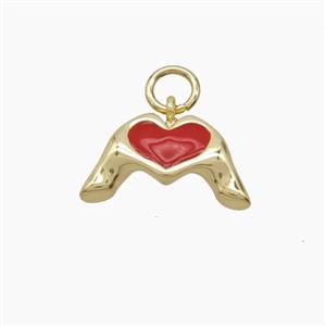 Copper Hand Heart Pendant Red Enamel Gold Plated, approx 9-15mm