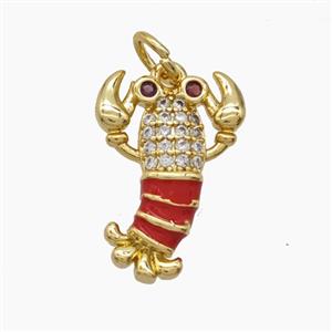 Copper Crayfish Pendant Pave Zirconia Red Enamel Lobster Gold Plated, approx 12-18mm