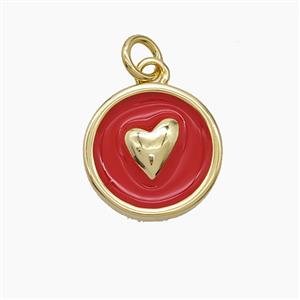 Copper Heart Pendant Red Enamel Circle Gold Plated, approx 14.5mm
