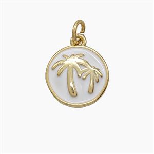 Copper Coconut Tree Pendant White Enamel Palm Circle Gold Plated, approx 13mm