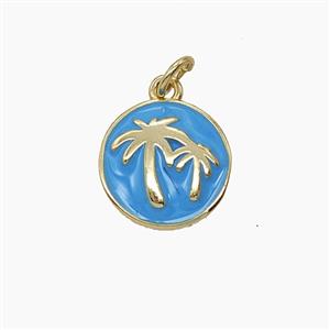 Copper Coconut Tree Pendant Green Enamel Palm Circle Gold Plated, approx 13mm