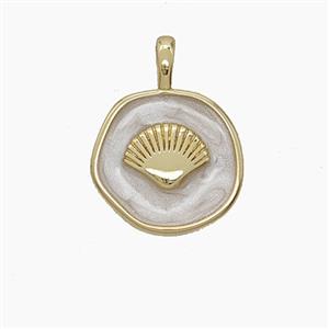 Copper Scallop Shell Pendant White Enamel Circle Gold Plated, approx 14mm