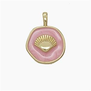 Copper Scallop Shell Pendant Pink Enamel Circle Gold Plated, approx 14mm