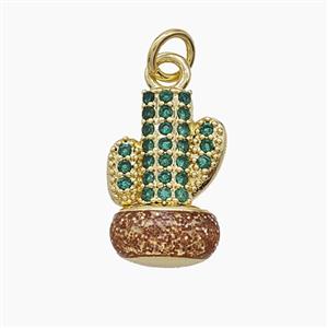 Copper Cactus Pendant Pave Zirconia Red Enamel Gold Plated, approx 10-16mm