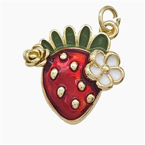 Copper Strawberry Pendant Red Enamel Flower Gold Plated, approx 18-19mm