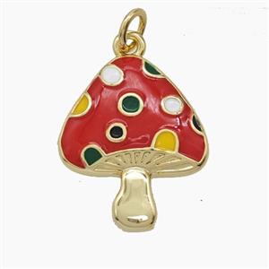 Copper Mushroom Pendant Red Enamel Gold Plated, approx 17-21mm