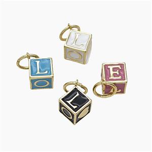 Copper Cube Pendant LOVE Enamel Gold Plated Mixed, approx 10mm
