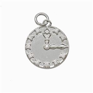 Copper Clock Pendant Pave Zirconia Platinum Plated, approx 15mm