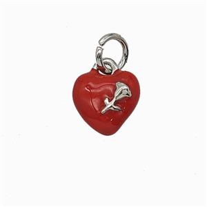 Copper Heart Pendant With Rose Flower Red Enamel Platinum Plated, approx 8mm