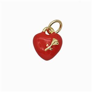 Copper Heart Pendant With Rose Flower Red Enamel Gold Plated, approx 8mm