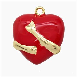 Copper Heart Pendant Red Enamel Hug Hands Gold Plated, approx 20mm