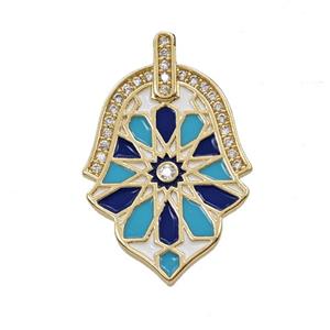 Copper Hamsahand Pendant Pave Zirconia Enamel Gold Plated, approx 17-25mm