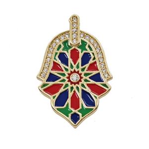 Copper Hamsahand Pendant Pave Zirconia Enamel Gold Plated, approx 17-25mm