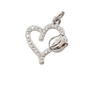 Copper Heart Tulip Pendant Pave Zirconia Platinum Plated, approx 14mm