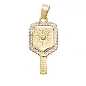 Pickleball Paddle Charms Copper Pendant Pave Zirconia Sports Gold Plated, approx 11-19mm