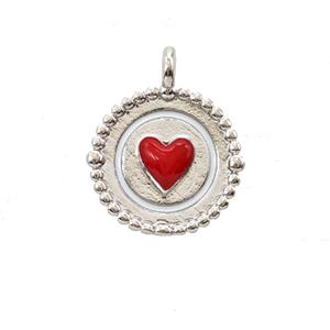 Copper Heart Pendant Red Enamel Circle Platinum Plated, approx 15mm