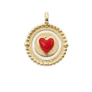 Copper Heart Pendant Red Enamel Circle Gold Plated, approx 15mm