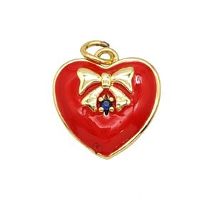 Copper Heart Pendant Bowknot Red Enamel Gold Plated, approx 14.5mm
