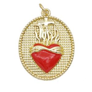 Copper Sacred Heart Pendant Red Enamel Oval Gold Plated, approx 20-23mm
