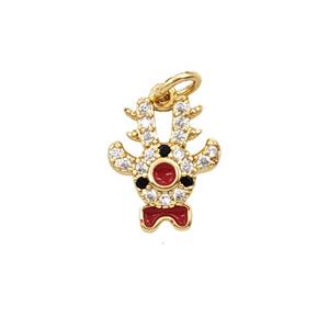 Christmas Reindeer Charms Copper Pendant Pave Zirconia Enamel Gold Plated, approx 9-10mm