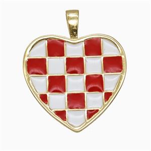Copper Heart Pendant Red White Enamel Checkerboard Grid Gold Plated, approx 21mm