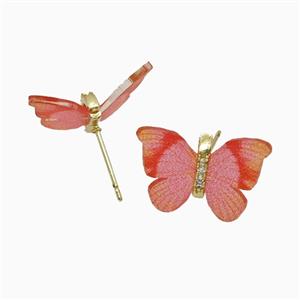 Pink Resin Butterfly Stud Earrings Gold Plated, approx 15-18mm