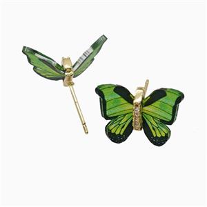 Green Resin Butterfly Stud Earrings Gold Plated, approx 15-18mm