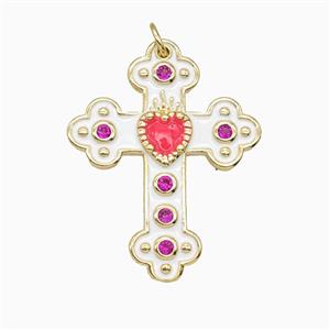 Copper Cross Pendant Pave Zirconia White Enamel Gold Plated, approx 25-32mm